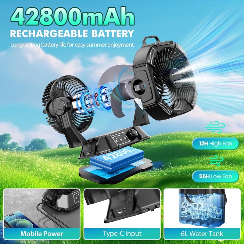 Wilody Misting Fan Portable Camping Fan 42800mAh Rechargeable with Remote Control, 3 LED Light & Stepless Speed Control & Cooling Spray with 6L Bucket, Timer Function, Portable Handle, Rotating Hanging Hook - Image 3
